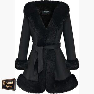 Suede Faux Fur Collar Winter Parka Coat with Belt, Slim Fit Mid Length
